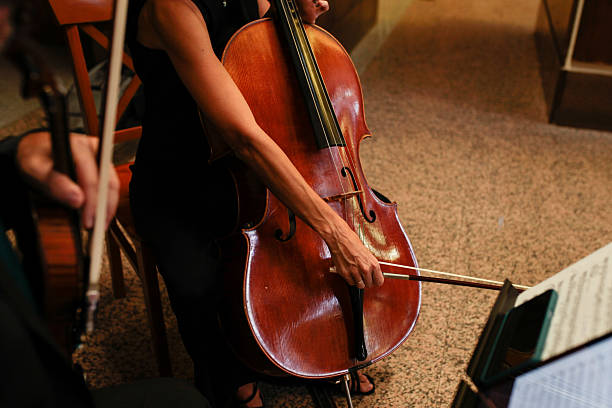 Close up of contrabass on stage, bokeh background