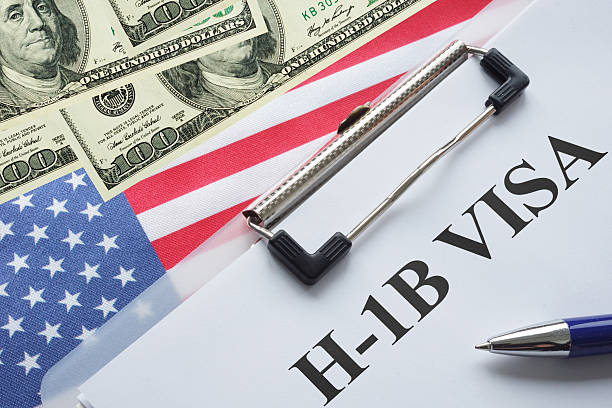 H-1B Visa is shown using a text and flag of USA with dollars. H1b visa for foreign workers