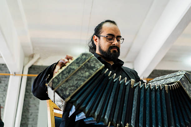 Musician playing accordion on a music studio