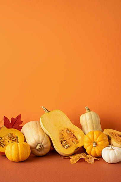 istock Side vertical view of autumn pumpkins and squash arranged on an orange background for Thanksgiving day 2236996088