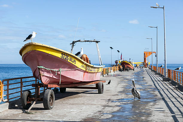 Valparaiso, Chile - September 13, 2025: View of the main dock of Caleta Barca in Valparaiso, used by artisanal fishermen to load and unload their boats. On the left side, a couple of parked boats can be seen on a sunny morning.