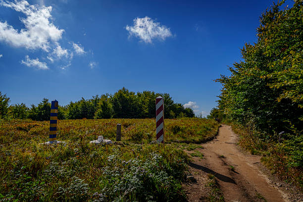 A sunlit meadow at the forest edge marks the Poland-Ukraine border with striped posts, a dirt trail and scattered clouds above.