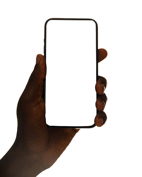 istock Male hand holding smartphone with blank screen silhouette on white background 2237003270