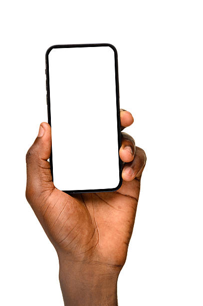 istock Hand holding smartphone with blank vertical screen raised up 2237003577
