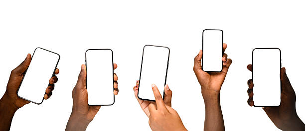 istock Multiple hands holding smartphones with blank screens on white background 2237004847