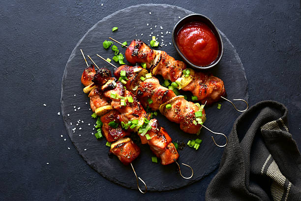 istock Grilled chicken kebab skewers . Top view with copy space. 2237007033