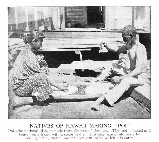 Poi is made from taro roots in Hawaii. Photograph engraving published 1898. Original edition is from my own archives. Copyright has expired and is in Public Domain.