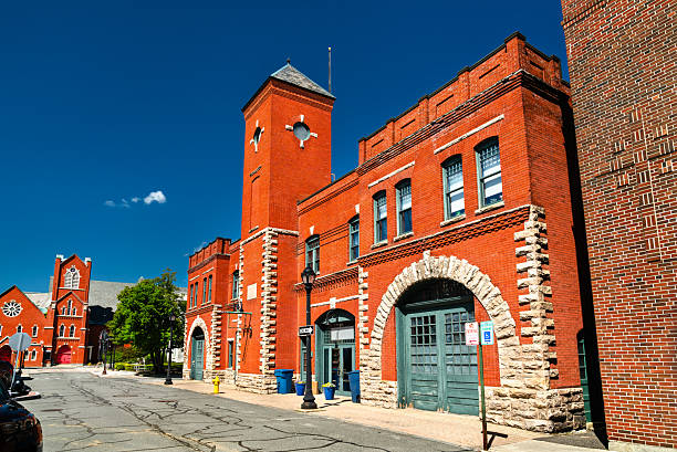 Doubleday Field, Cooperstown, New York, main front entrance, shortly after sunset, historic baseball field owned and operated by the village of Cooperstown.  Photo date: August 4, 2024.