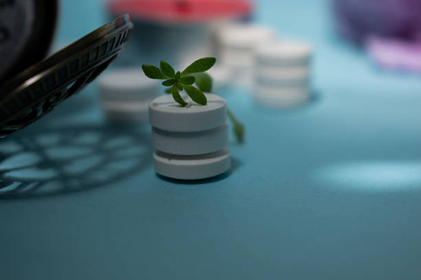 Macro photo of several white pills or dietary supplements arranged on a blue background with spa and wellness decorative elements, soft lighting, and a minimalist composition—ideal for health, medicine, relaxation, or wellness lifestyle concepts.