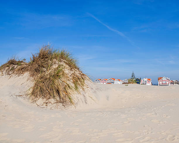 Wooden model of a house with a red roof on a pole on a sandy beach, coastal village De Haan, West Flanders, Belgium