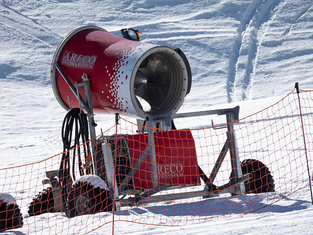 One of the snow making machines at Roundhill Ski Area near Lake Tekapo in the southern alps of the South Island. This image was taken on a cold, windy and sunny afternoon on 6 September 2025.