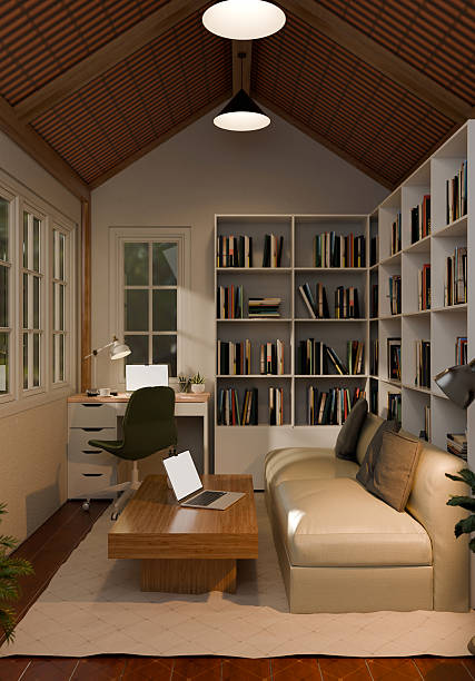 istock 3D rendered modern home office interior with bookshelves, sofa, and desk featuring a laptop 2237044291