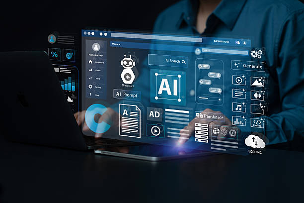 istock Artificial Intelligence Content Generator. A man uses a laptop to interact with AI assistant. AI offers functions like chatbot, generate images, write code, writer bot, translate and advertising. 2237046987