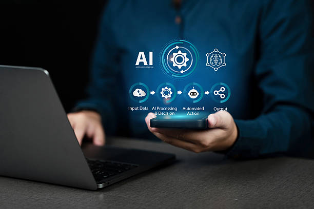 istock Businessman using a phone to manage an AI workflow with icons for data processing, automated action. Concept of artificial intelligence, business automation, machine learning, digital transformation. 2237046988