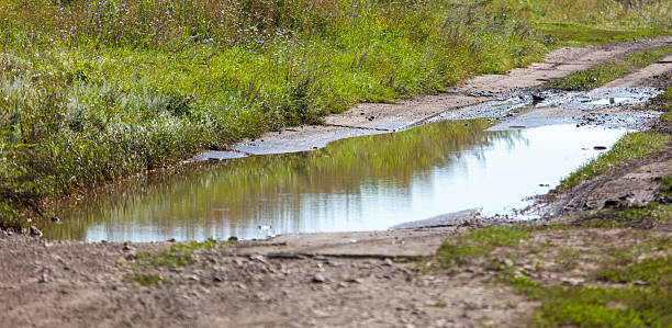 istock A muddy road with a small puddle of water 2237048922