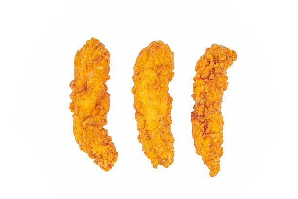 istock Fried chicken breast strips on white background. Isolated chicken crisps 2237050683