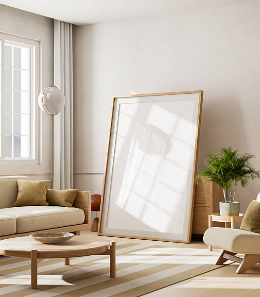 istock Modern minimalist interior living room with neutral decor and mock up poster frame. 3D illustration 2237052905