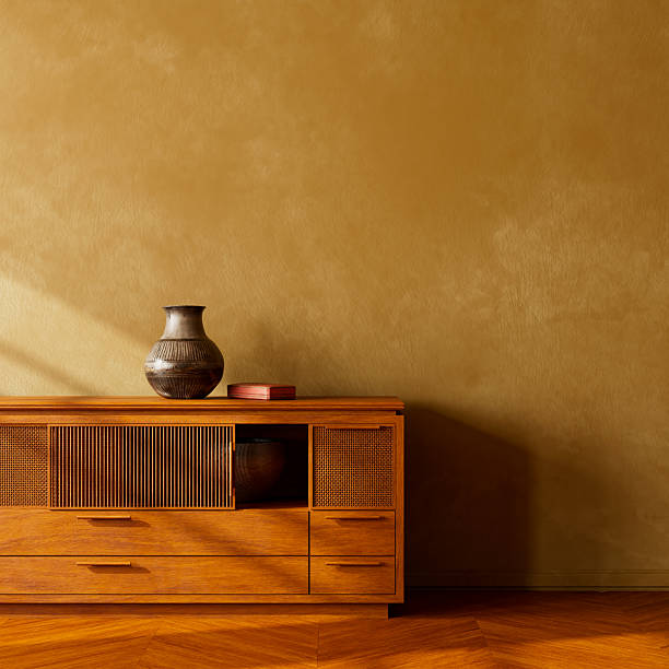 istock Warm wooden sideboard with pottery decor in minimalist interior. 3D illustration 2237052925