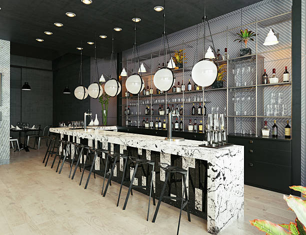 istock Modern bar interior with a white marble counter and stools. Luxury restaurant and pub design concept. Architectural visualization and 3D rendering. 2237056448