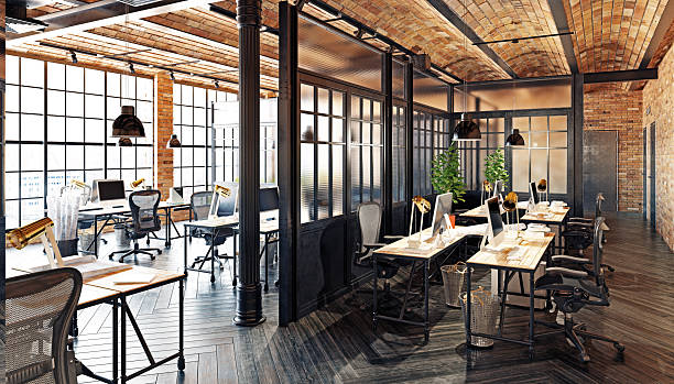 istock Modern industrial loft office interior. Empty open-plan workspace with brick walls and wooden desks. Architectural visualization and 3D rendering. 2237056505