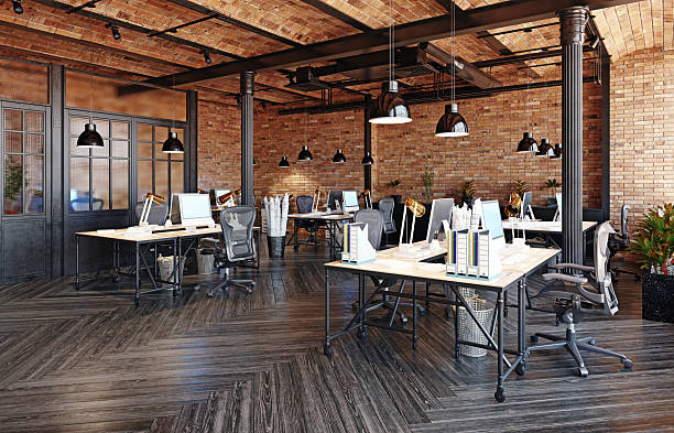 istock Modern industrial office interior with an open-plan workspace. Loft style design with exposed brick walls and dark wood floors. Contemporary workplace concept. 3D rendering. 2237056508