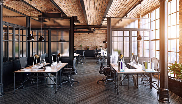 istock Modern industrial loft office interior. Empty co-working space with brick walls and contemporary furniture. 3D rendering of a workplace. 2237056515