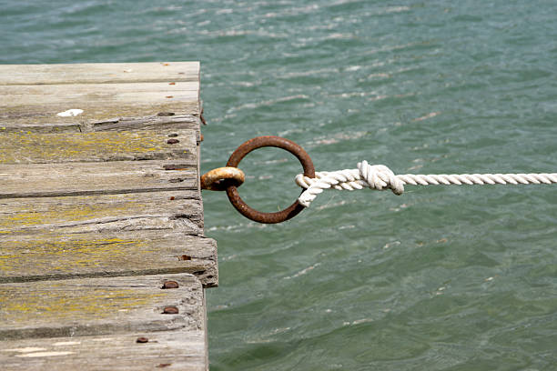 A rope is tied to a metal ring on a dock. The water is calm and the sky is clear