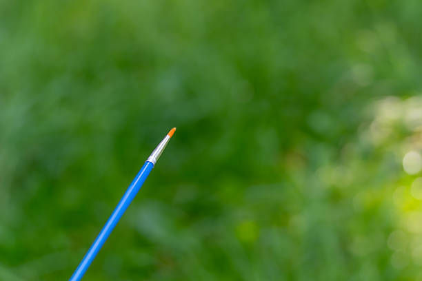 A paintbrush with white bristles and a blue handle on a wooden surface.