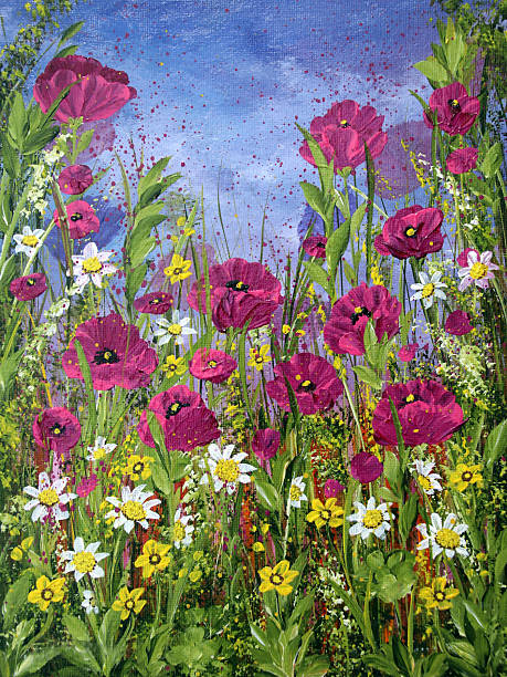 An original floral painting of dark magenta pink flowers with white daisies and dark green foliage against a blue summer sky