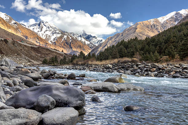 Mountain landscape featuring a clear river flowing through rocky terrain with snow-capped peaks and pine forests in the background, ideal for travel, adventure, environment, tourism, and nature themes