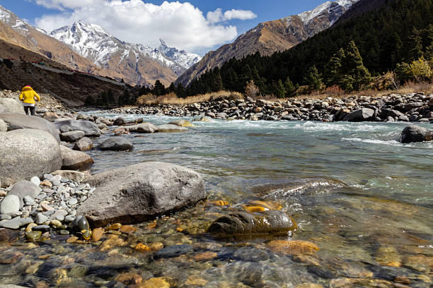 Mountain landscape featuring a clear river flowing through rocky terrain with snow-capped peaks and pine forests in the background, ideal for travel, adventure, environment, tourism, and nature themes