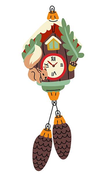 istock A Soviet Christmas tree toy. A house with a dial and a squirrel on a branch behind an acorn. Pine cones are hanging on a ribbon. A long retro Christmas tree toy. Vintage color. The chimes are striking 2237064556