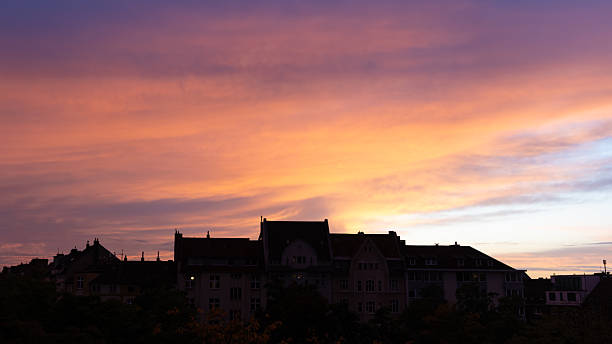 Glorious Sundown over the Roofs of Duesseldorf with great colours Germany. High quality photo