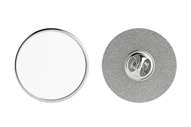 Silver Metal Badge Pin. Blank Circle Silver Lapel Pin Mockup With Safety Clasp Front And Back Views On White Background. 3d Rendering