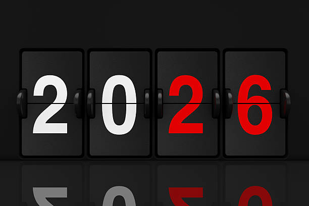 istock Mechanical Analog Flip Clock Board with 2026 New Year Sign. 3d Rendering 2237066065