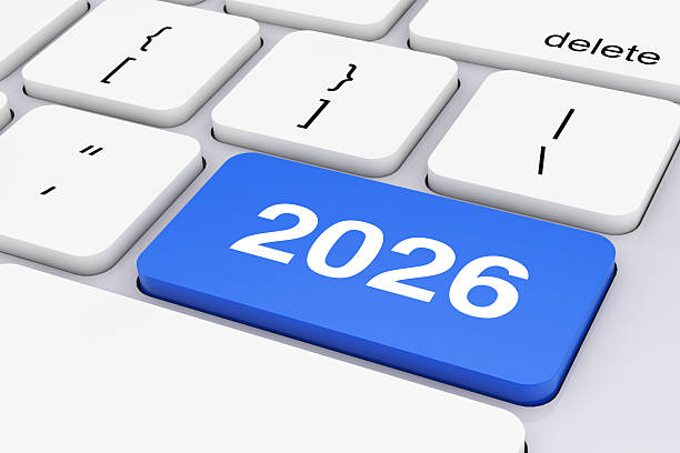istock Blue 2026 New Year Key on White PC Keyboard. 3d Rendering 2237066074
