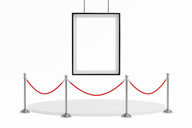 istock Exhibition And Presentation Concept. Empty White Frame Hanging Above Round Podium With Red Rope Barrier. 3d Rendering 2237066159