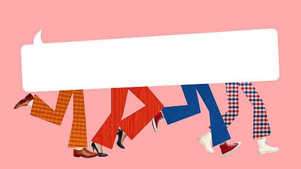 Bold poster. Group of walking legs holding blank speech bubble symbolizing shared voice with energetic unity. Mockup for ads. text. Concept of youth communication, social media, fintech messaging.