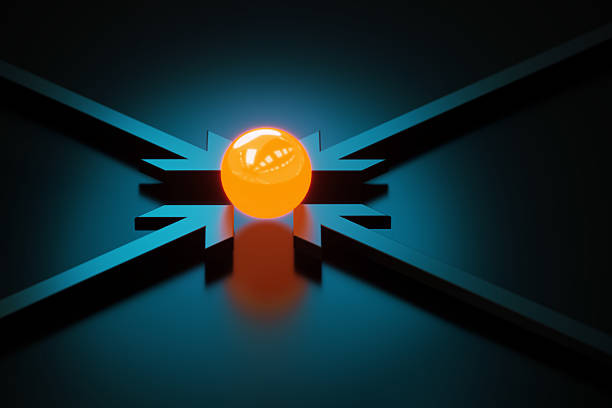 Arrow symbols merging around a yellow sphere on dark blue background. Horizontal composition.