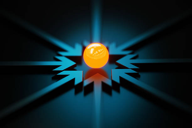 Arrow symbols merging around a yellow sphere on dark blue background. Horizontal composition.