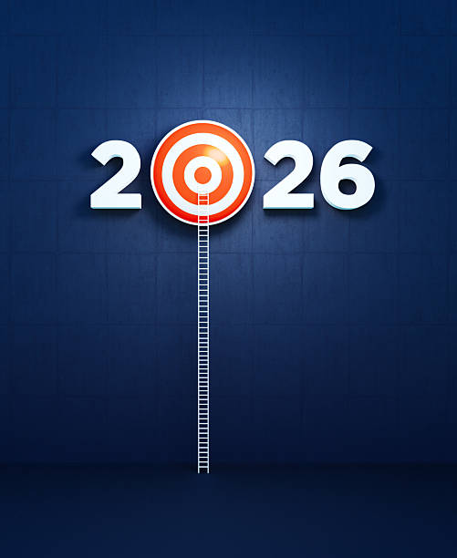 istock Orange Colored Target And White Ladder Forming 2026 On Dark Blue Background - 2026 Concept 2237073315