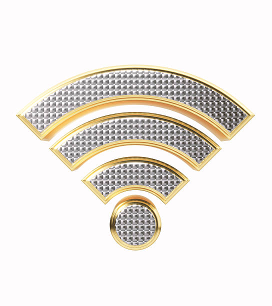 Silver colored Wi-Fi symbol with a gold outline isolated on white background.