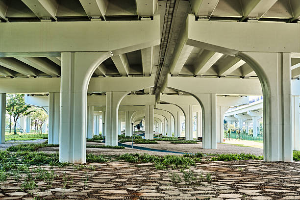 Bottom view of a road bridge with concrete pillars