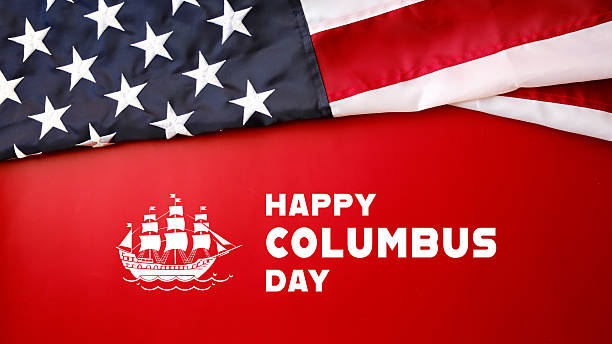 istock Happy Columbus day with American flag on red background 2237074723