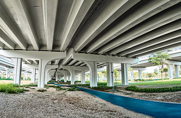 Bottom view of a road bridge with concrete pillars