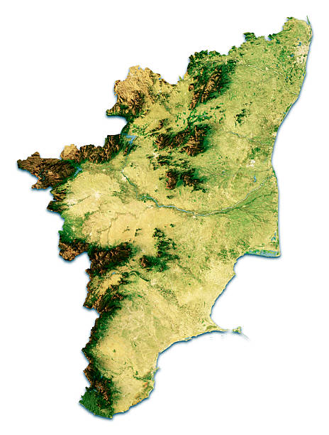 3D Render of a Satellite Topographic Map of Tamil Nadu, India.\nAll source data is in the public domain.\nColor and Water texture: Contains modified Copernicus Sentinel data (2020) courtesy of ESA.\nURL of source image: https://dataspace.copernicus.eu/explore-data/data-collections/sentinel-data/sentinel-2\nRelief texture: GMTED 2010 data courtesy of USGS. URL of source image:\nhttps://topotools.cr.usgs.gov/gmted_viewer/viewer.htm