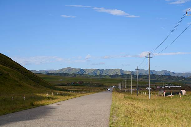 This expansive landscape photograph features a straight asphalt road curving gently through vibrant green grasslands and rolling hills, flanked by utility poles strung with power lines. In the background, layered mountain ranges rise under a vast blue sky dotted with soft clouds, with scattered rural buildings and a distant vehicle adding a touch of human presence. The scene captures the serenity and vastness of pastoral countryside, perfect for travel, adventure, environmental, or road trip themes in editorial, tourism, or lifestyle campaigns.