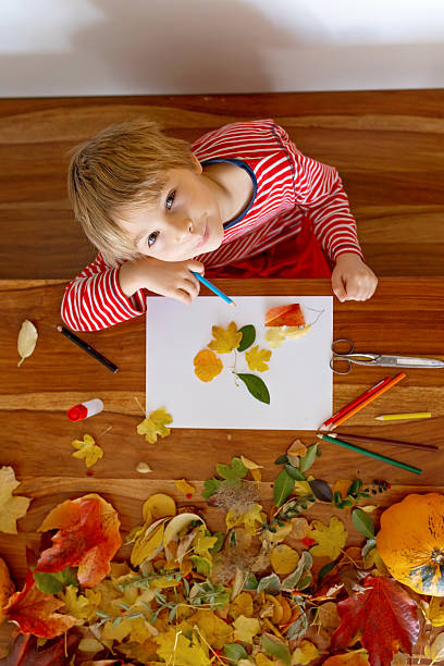 istock Sweet child, boy, applying leaves using glue while doing arts and crafts at home 2237089042