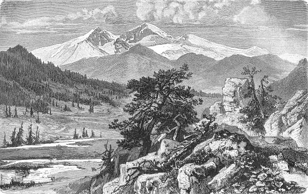 Longs Peak in the Rocky Mountains of Colorado showing its distinctive diamond-shaped summit, rocky formations, and high-altitude environment within the national park setting, old vintage illustration, 1899.