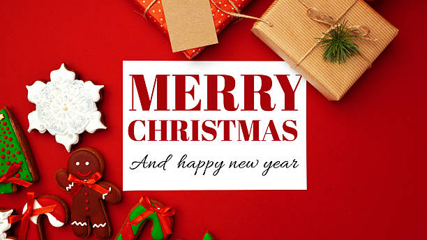 Christmas greeting card with gifts and decorations for the holiday season